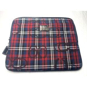 Coach Poppy Tartan Plaid Red Black Sparkle Tablet Case Zip Clutch Pockets